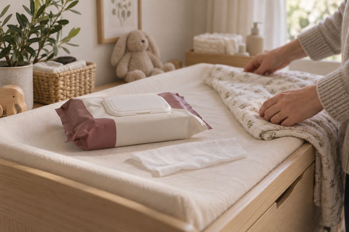 Baby wet wipes pack on a changing table
