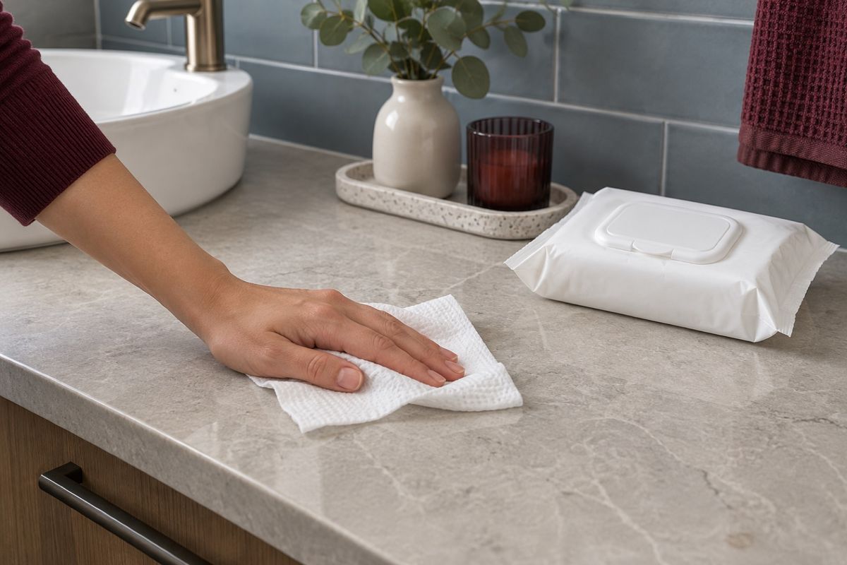 Wiping a bathroom surface with a disinfecting wipe