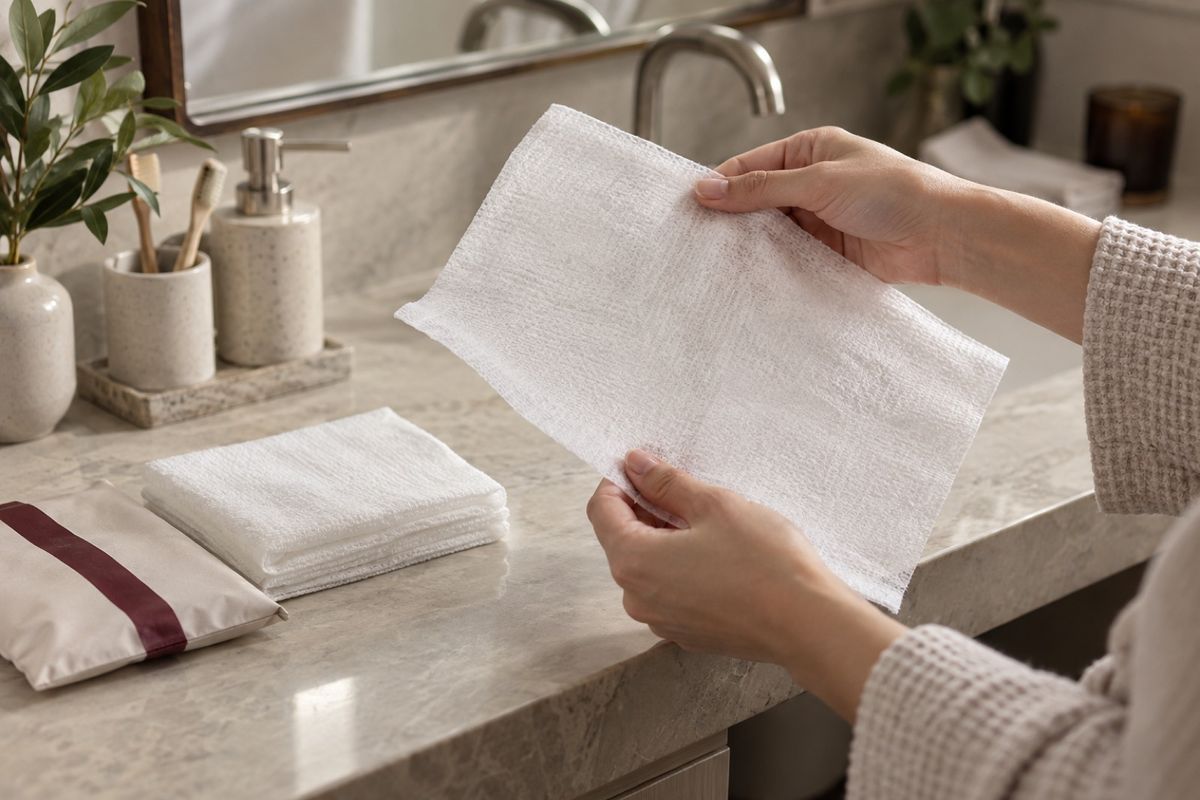 Using a soft facial towel at a bathroom vanity