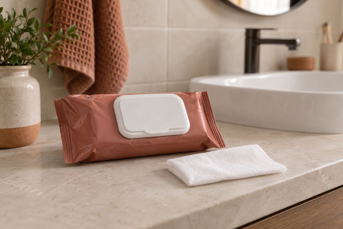 Flushable toilet wipes pack on a bathroom vanity