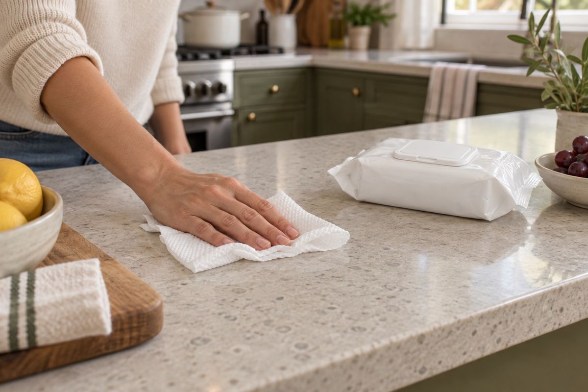 Cleaning a kitchen counter with a household wet wipe
